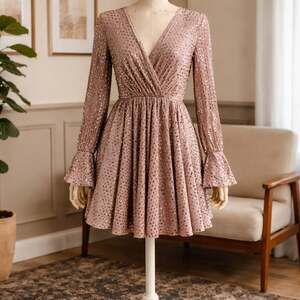 Blue B Collection Mauve Velvet Sequin Long Bell Sleeve V-Neck Fit and Mini Dress